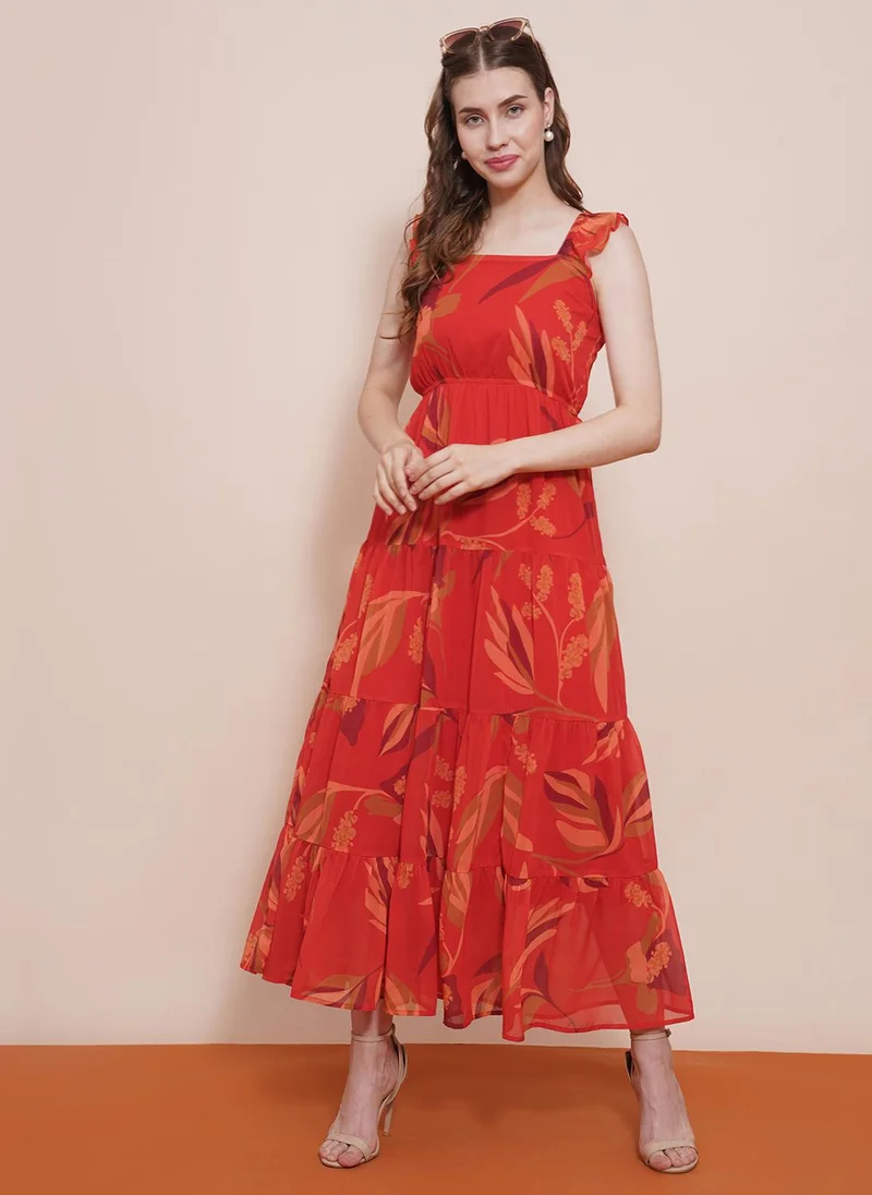 globus Globus Women Square Neck Flutter Sleeves Tropical Printed Tiered Fit & Flare Maxi Dress